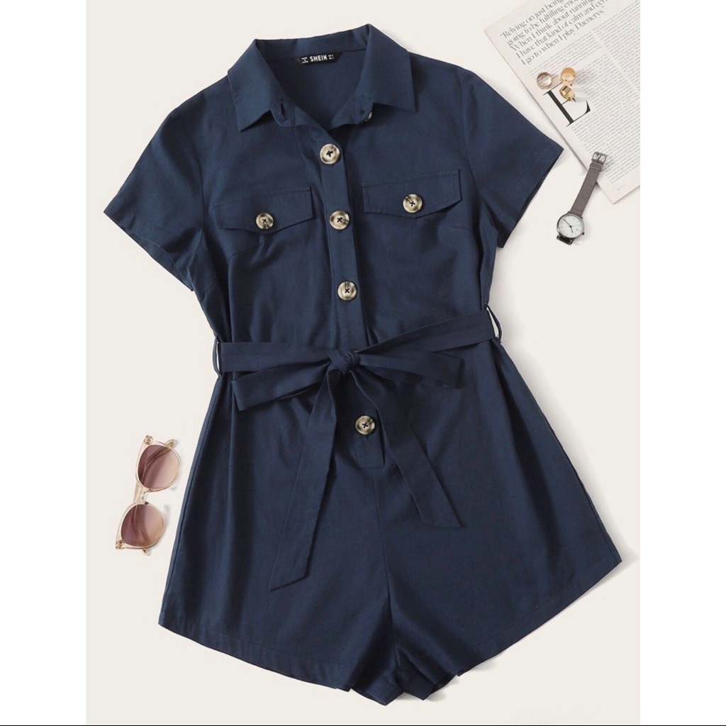 Solid Button Front Belted Utility Romper